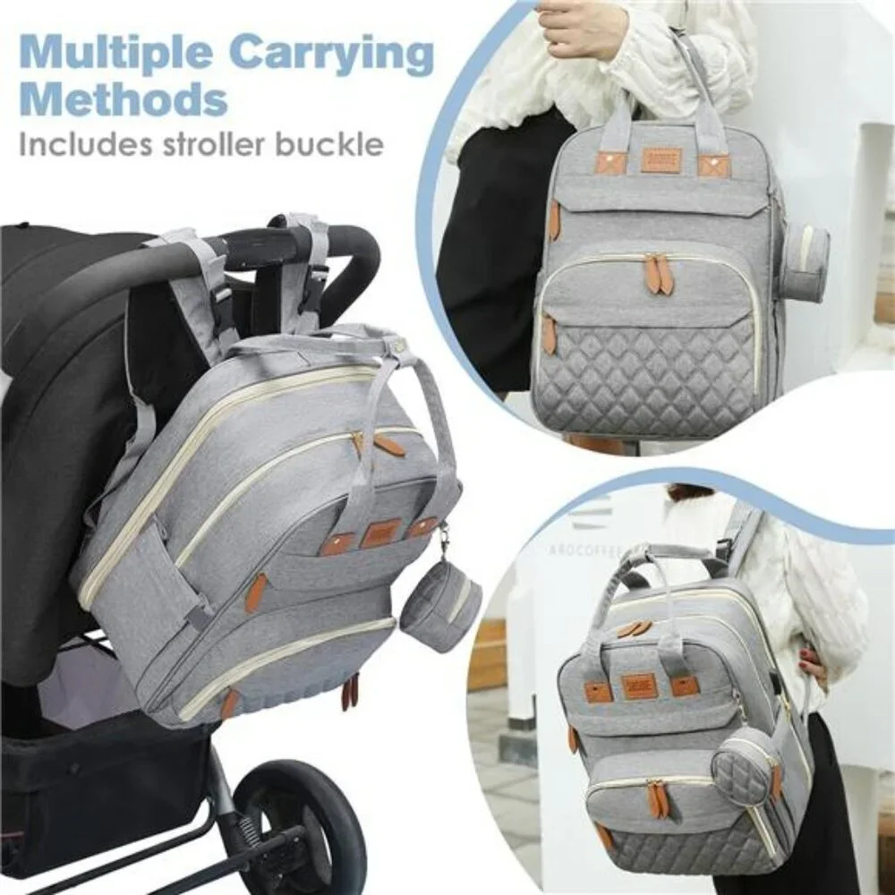 Large diaper bag backpack with changing station waterproof travel baby bag grey
